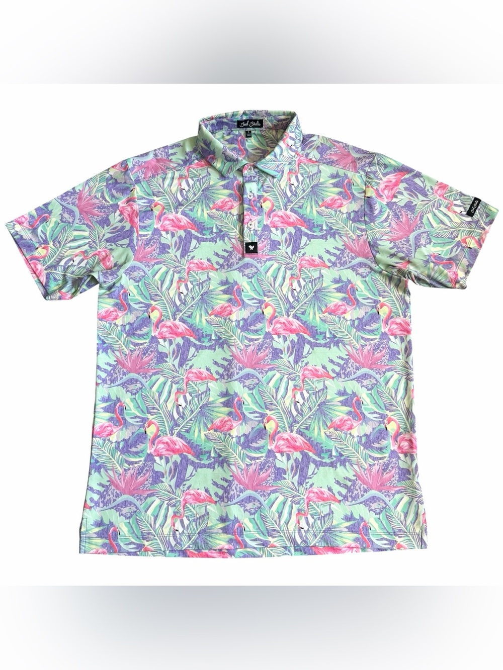 Bad Birdie Men’s Mingos Golf Polo Shirt Sz L Tropical Flamingo Pattern NWOT NEW